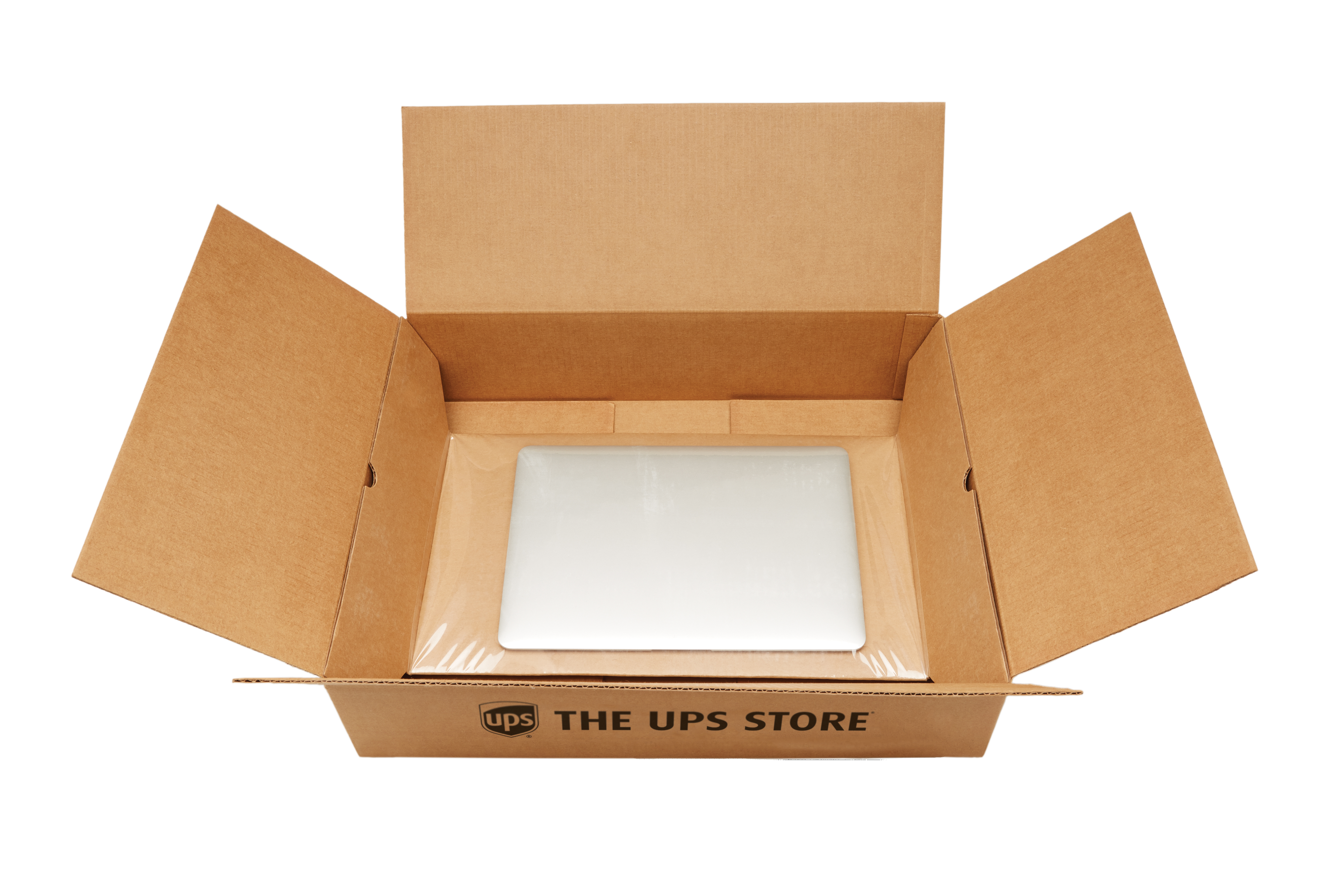 An empty The UPS Store box with suspension for electronics