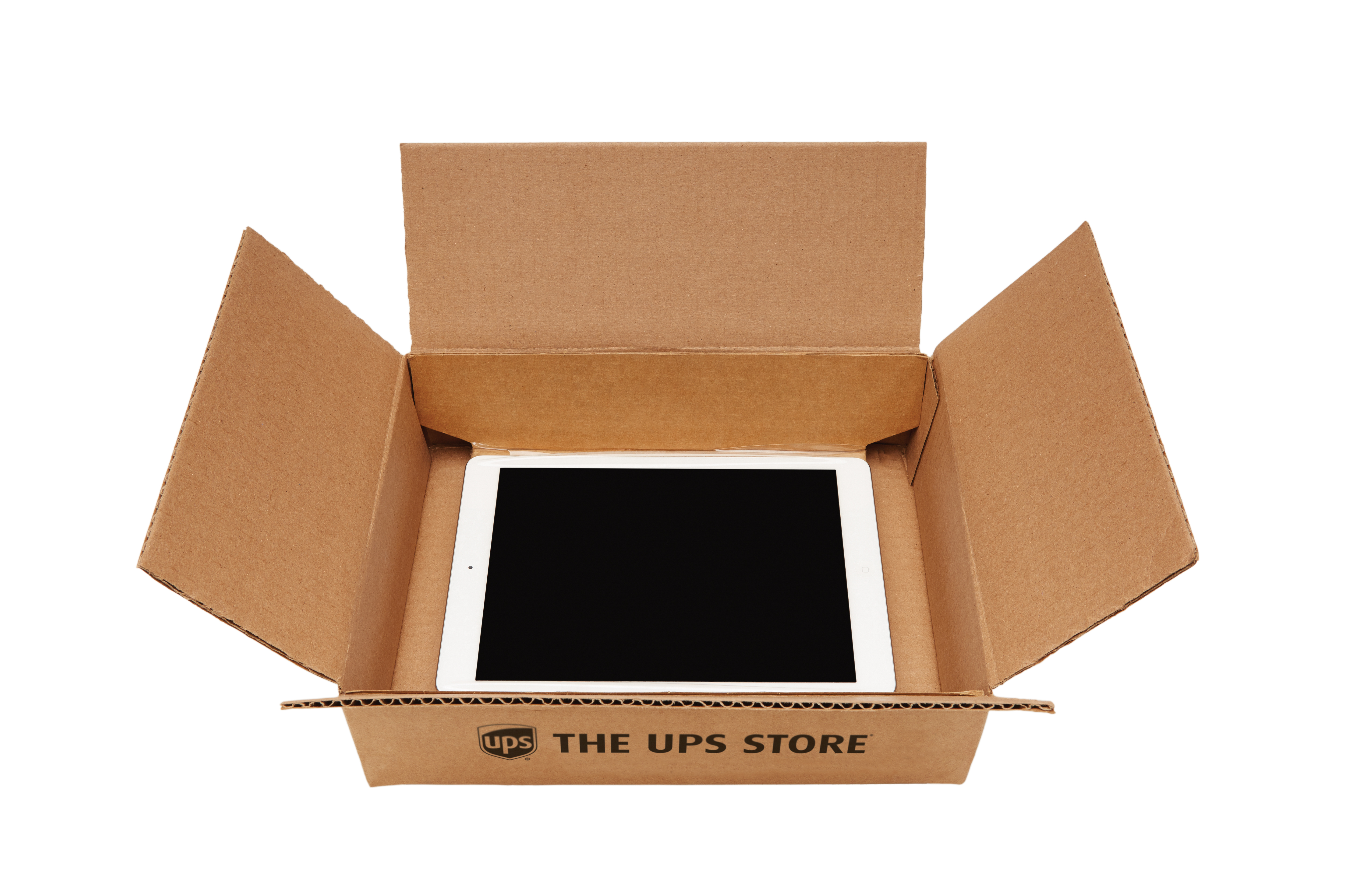 A tablet packed and suspended in a The UPS Store box.