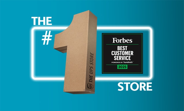 A number one made out of cardboard, next to the Forbes Best Customer Service badge 