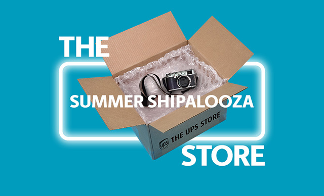 A camera in a The UPS Store box, surrounded by a glowing white square, with the words 